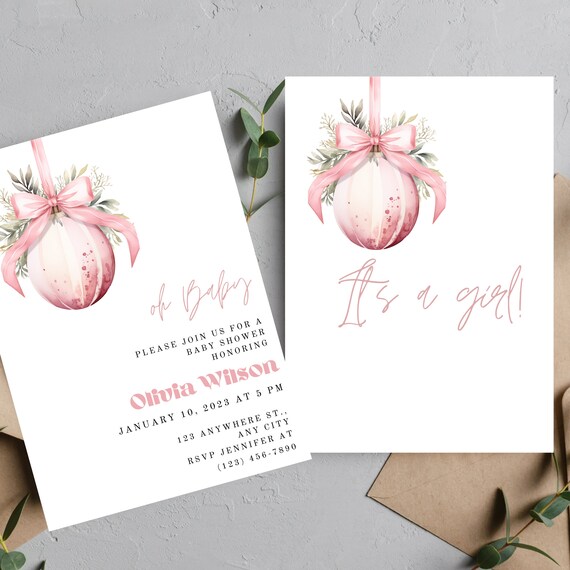 Christmas Pink Ornament Baby shower Invitation, Winter Girl Baby Shower Invitations, Winter Pink Digital Baby Shower, Print and Digital