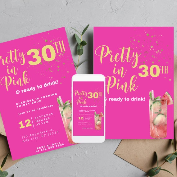 Editable Pretty in Pink Cocktail Invitation, Printable Pink and Gold, Adult Ladies Invitation, Birthday Template Invite, Print, Digital #PPP