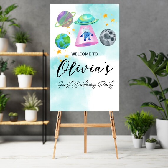 Space Alien Birthday Welcome Sign Template, Turquoise Galaxy Birthday Party Signs, Houston We Have a One Year Old, Birthday Banner, #SBT