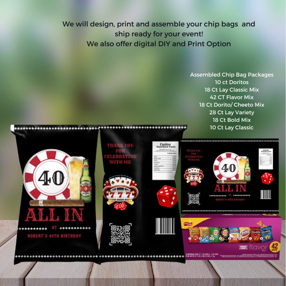 Casino Birthday Chip Bag, Casino Party Favor Bag, Poker Chip Bag Label, Gambling Themed Party, Casino Party Decor, Print, Digital, Assembled