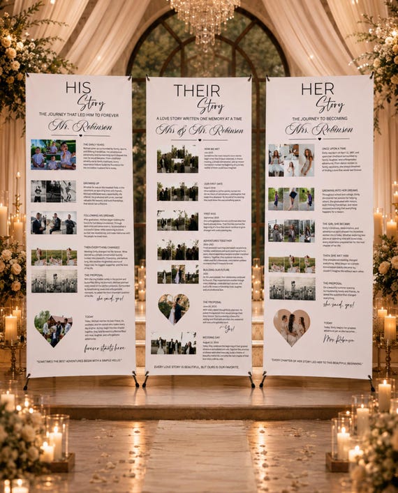 Personalized Wedding Story Banner Set of 3 | His Her Their Story Signs | Custom Photo Timeline Wedding Reception Decor