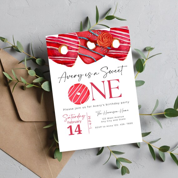 Sweet Red Heart Donut Birthday Invitation Template - Editable Party Invite, Printable DIY, Customizable Doughnut Theme Invitations