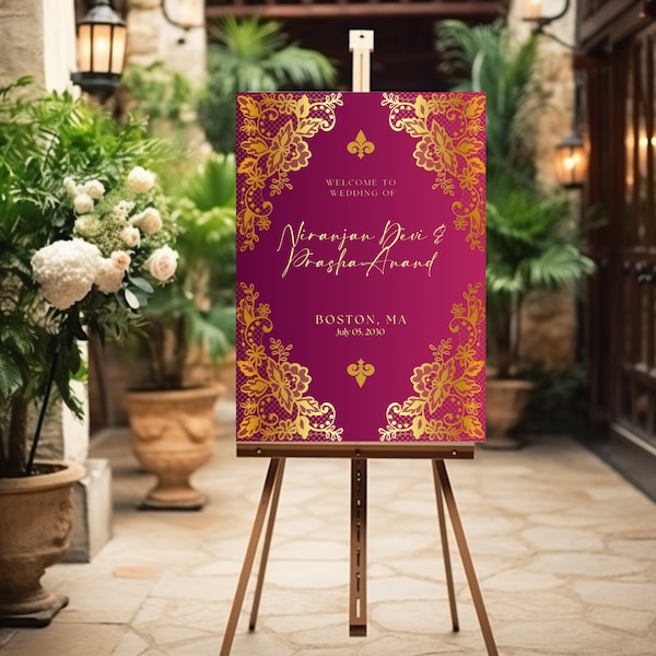 Royal Indian Wedding Welcome Sign - Hindu Decor & Engagement Entrance - Editable Template for Grand Celebration, Print and Digital