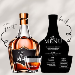 Benutzerdefinierte 3D Whisky Menü & Tischnummer Set | Einzigartige handgefertigte Bourbon Cocktail Karte für Geburtstag, Junggesellenabschied | Whisky Flasche geformt