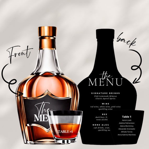 Custom 3D Whiskey Menu & Table Number Set | Unique Handcrafted Bourbon Cocktail Menu for Birthday, Bachelor Party | Whiskey Bottle Shaped