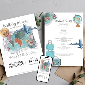 Invitación de vacaciones de fin de semana de cumpleaños, Itinerario de cumpleaños de escapada de fin de semana, Invitación de fin de semana de chicas de vacaciones, Bday Travel imprimible, #BWG
