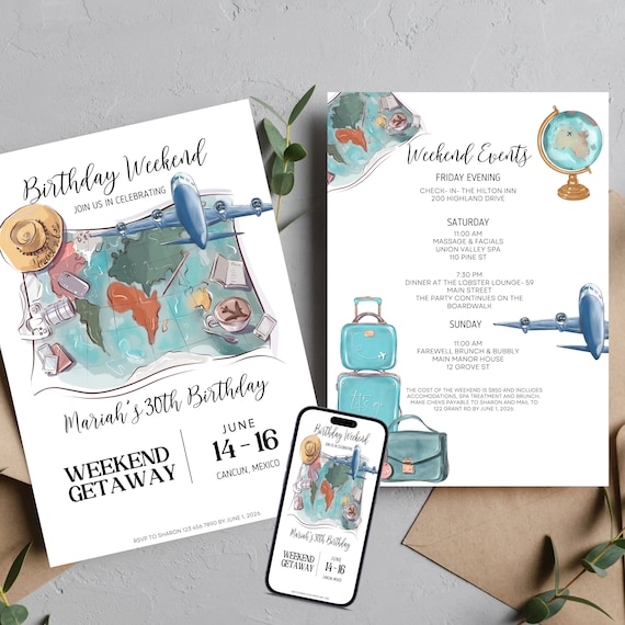 Birthday Weekend Vacation Invitation, Weekend Getaway Birthday Itinerary, Vacation Girls weekend Invite, Bday Travel Printable, #BWG