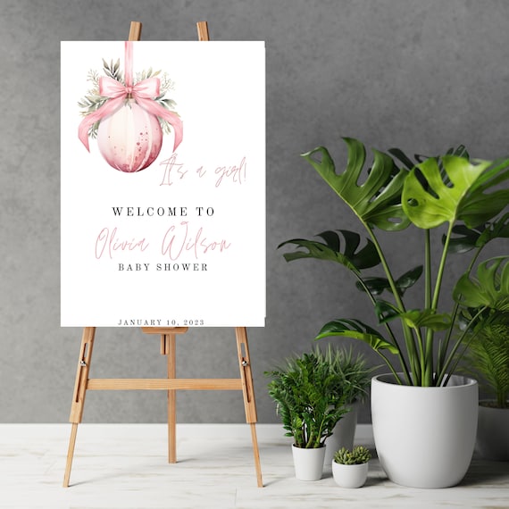 Christmas Pink Ornament Baby shower Welcome Sign, Winter Baby Shower Banner, Winter Pink Digital Baby Shower Signs, Print and Digital