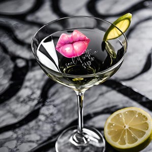 Może przedstawiać: Szklanka do martini z nadrukiem różowych ust i tekstem "seal it with a sip" na boku. Obok szklanki na stole leży plaster limonki i plaster cytryny.