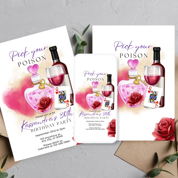 Adult Villain Birthday Invitation Template, Pick Your Poison Party Invitations, Editable Halloween Cocktail Invite, Custom Pink Printable