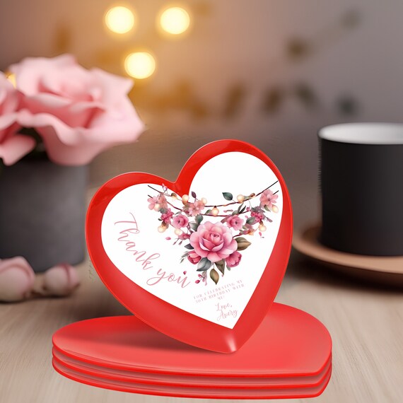 Editable Heart Floral Charger Plate Card Template - Perfect for Ladies' Birthday Party Thank You Notes - Printable Heart Shaped Cards