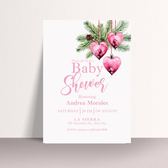 Personalized Pink Heart Baby Shower Invitation, Custom Pink Party Invite - Printable Template, Custom, DIY Pink Theme Invites, Baby Girl