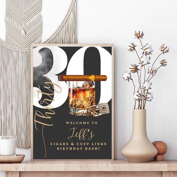 Customizable Black & Gold Whiskey and Cigars Party Welcome Sign with Cufflinks Birthday Banner - Elegant Design Whiskey, Cigars