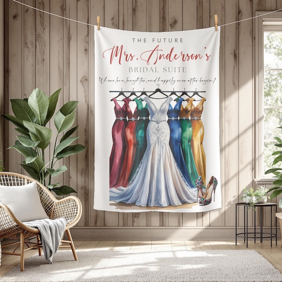Bridal Suite Blanket Backdrop with Bride & Bridesmaid Dress | Hanging Dress Sherpa or Fleece Blanket | Wedding Morning Keepsake Gift
