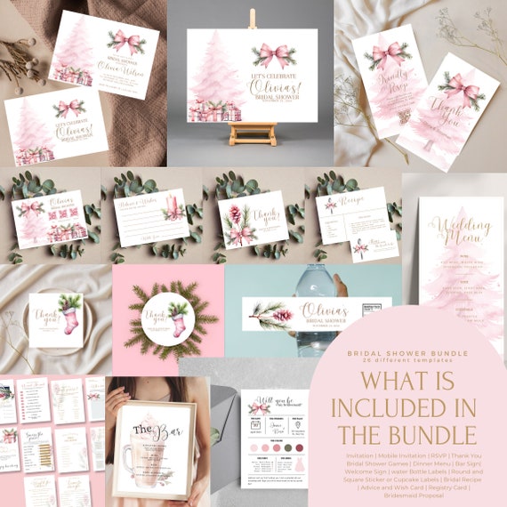 Pink Christmas Tree Bridal Shower Template Bundle, Winter Pink Bridal Shower Welcome Sign, Winter Pink Bridal Printable, Instant Download