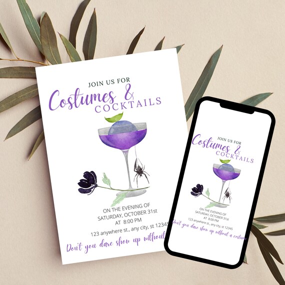 Halloween Costumes and Cocktail Party Invitation, Editable Halloween Party Invite, Gothic Adult Printable, Spooky Invitation, Print, Digital