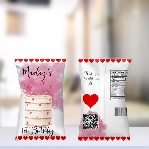 Valentine Birthday Party Chip Bag Template, Valentines Cake Hearts Party Favor Bags, Printable Favors, Print and Digital, #VAL