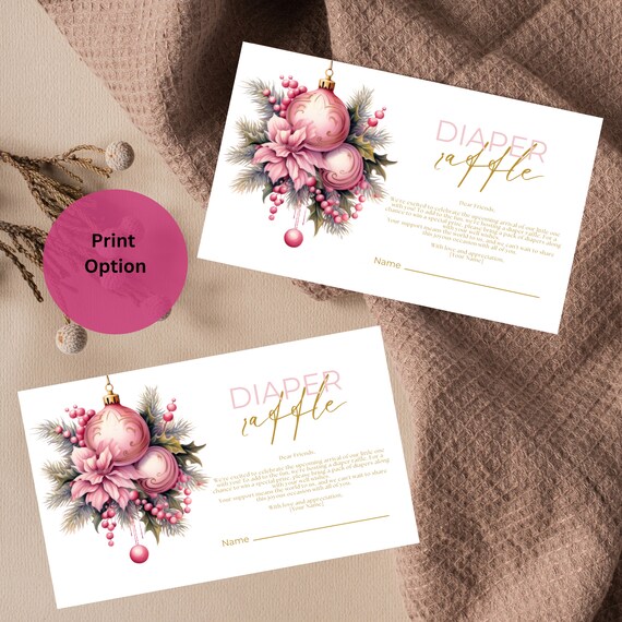 Pink Christmas Ornament Diaper Raffle Card Template, Winter Girl Baby Shower Cards, Holiday Winter Pink Printable Invites, Diaper Raffle