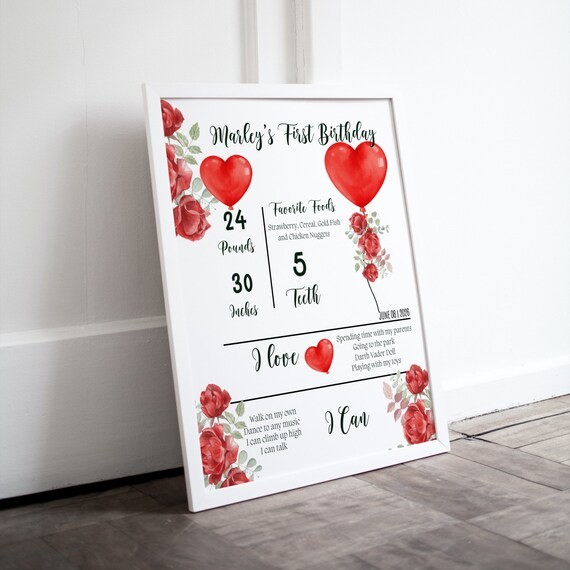 Little Sweetheart Birthday Party Milestone Sign, Valentine Birthday Party Signs, Red Floral Heart Balloon Banner, Instant Download, #BHF