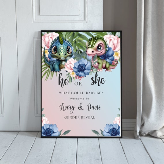 He or She Dinosaur Gender Reveal Welcome Sign, Editable Blue and Pink Gender Reveal Party, Dino Flowers Baby shower Banner, Print an Digital
