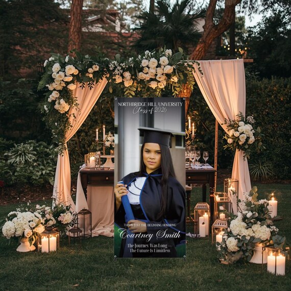 Graduation Photo Vinyl Banner with Stand | Class of 2026 Grad Sign | Personalized Senior Graduation Party Decor