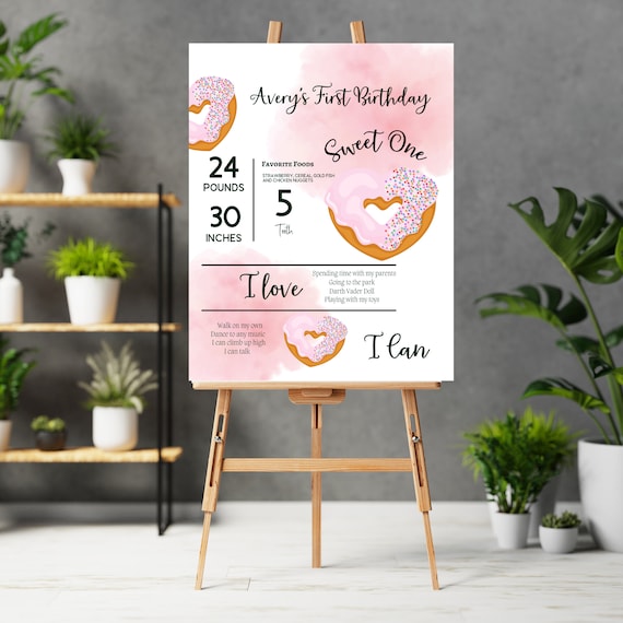 Sweet One Birthday Donut Milestone Sign, 1st Birthday Party Signs, Heart Shaped Donut Banner, First Birthday Print and Digital #DBH