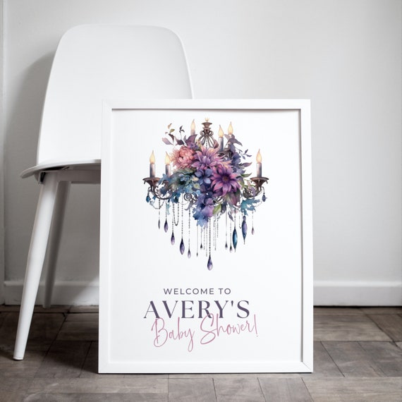 Editable Floral Chandelier Welcome Sign - Baby Shower, Bridal Signs Template, Printable Party Banners - Elegant Jeweled Chandelier