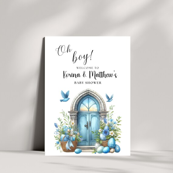 Baby Shower Welcome Sign Template - Blue Baby Shower Banner for Easter Celebration - Editable and Printable Event Signage, Instant Download