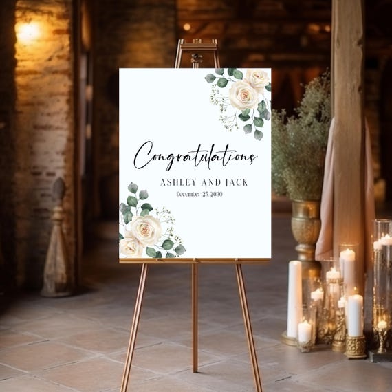 Personalized Wedding Welcome Sign with Couple's Name & Date, White Roses Design, Customizable Entrance Sign, Congratulations Wedding Decor