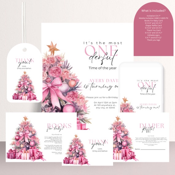 Pink Christmas Tree Baby shower Invitation Bundle, Winter Girl Baby Shower Invitations, Winter Pink Books For Baby, Diaper Raffle Card