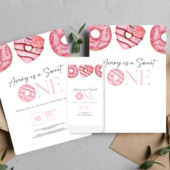 Sweet Pink Donut Birthday Invitation Template - Editable Party Invite, Printable DIY, Customizable Doughnut Theme Invitations