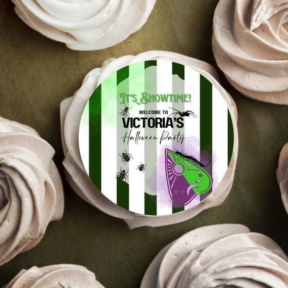 Customizable Black & White Striped Cupcake Topper – ‘It’s Showtime’ Halloween Cookie Decoration – Spooky Fun Party Theme