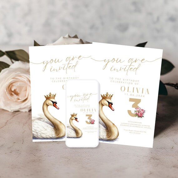 Elegant Swan Princess Birthday Invitation | Custom Royal Swan with Crown Invite | Personalized Any Age Party Decor