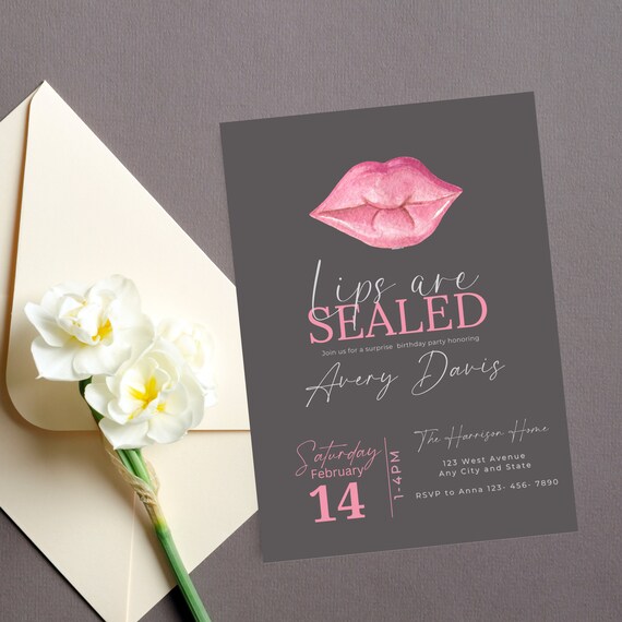 Pink Sealed Lips Birthday Invitation Template - Printable for Ladies Surprise Party, Editable Dinner Lip Theme Invite