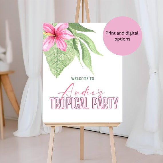 Editable Tropical Pink Floral Welcome Sign Template -  Bridal Shower, Baby Showers, Birthdays Pink Hibiscus Party Signage, Print, Digital