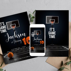 Slam Dunk Geburtstagseinladung Vorlage, anpassbarer Basketball-Geburtstag bedruckbar für Jungen und Mädchen - Sportparty einladen, Print, Digital