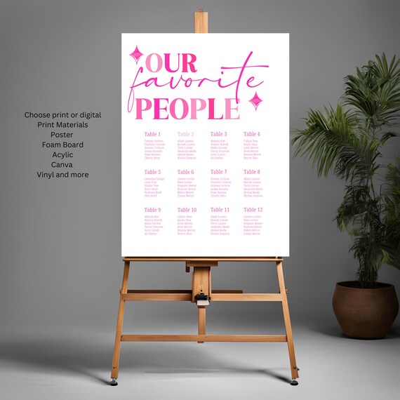 Editable Retro White and Pink Wedding Seating Chart, Customizable Seating Chart Template, Printable Table Chart for Weddings and Events