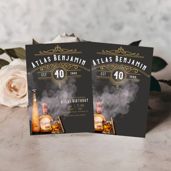 Editable Whiskey & Cigar Birthday Invitation Template | Printable Any Age | Cognac Invite | Top-Quality Whiskey Label Party Printable