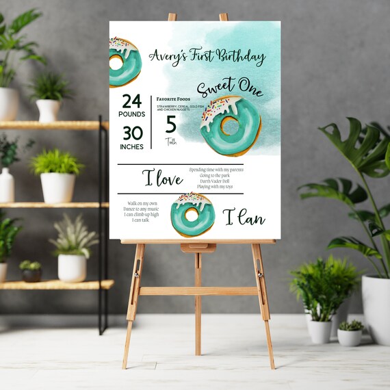 Sweet One Birthday Milestone Sign, Turquoise 1st Birthday Party Signs, Donut Bday Banner, She’s a Sweet One, Digital and Print #DBT