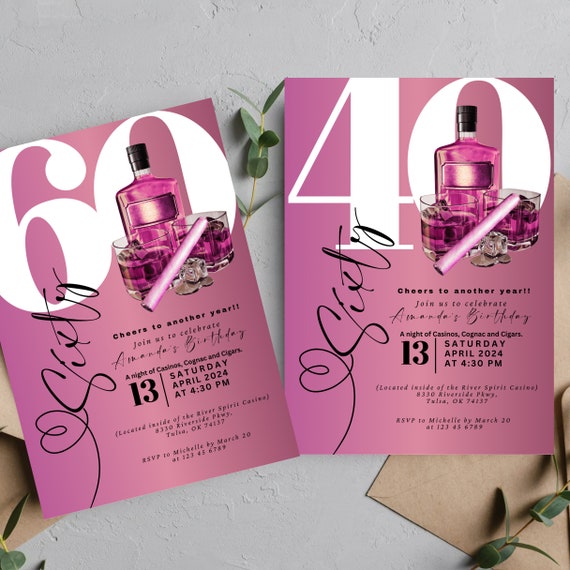 Editable Pink Whiskey & Cigar Birthday Invitation Template - Any Age Milestone Party Invite - Personalized Ladies' Cognac Event Printable
