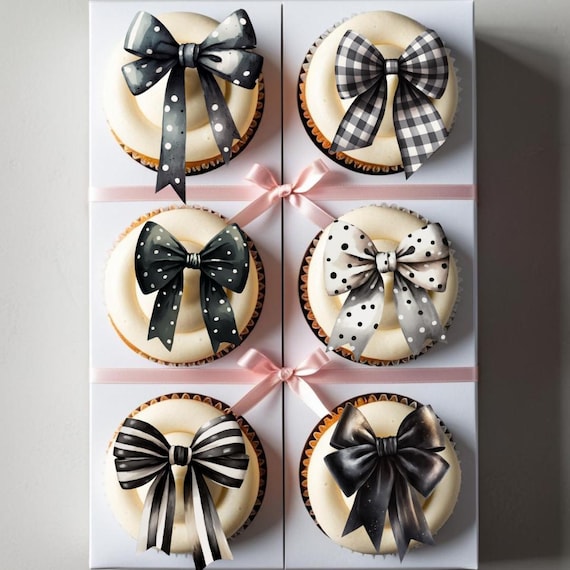 Black Bow Cupcake Toppers – Elegant Birthday Party Decor, Baby Shower Cupcake Picks, Black Ribbon Cake Decorations, Party Favor Bows