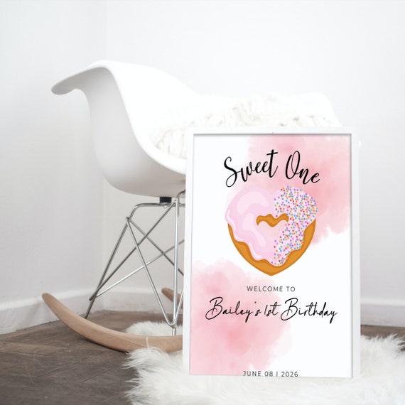 Sweet One Birthday Donut Welcome Sign, Pink Girls 1st Birthday Party Signs, Heart Shaped Donut Banner, First Birthday Print and Digital #DBH