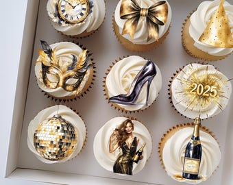 Editable Gold & Black New Year 2025 Cupcake Toppers - Edible Party Decorations, Happy New Year Cake Toppers, Festive Dessert Decor