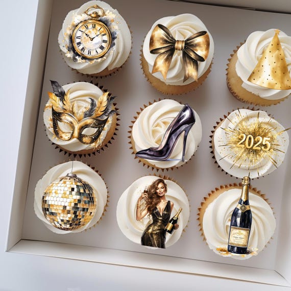 Editable Gold & Black New Year 2025 Cupcake Toppers - Edible Party Decorations, Happy New Year Cake Toppers, Festive Dessert Decor