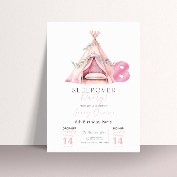 Editable Sleepover Party Invitation - Pink Pastel Tee-Pee Tent Slumber - Custom Birthday Printable Template for Girls, Any Age Pink Theme