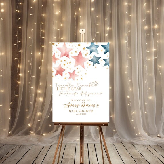 Editable Twinkle Twinkle Little Star Baby Shower Welcome Sign - Pink and Blue Stars - Gender Reveal Event Signage - Printable Party Banner