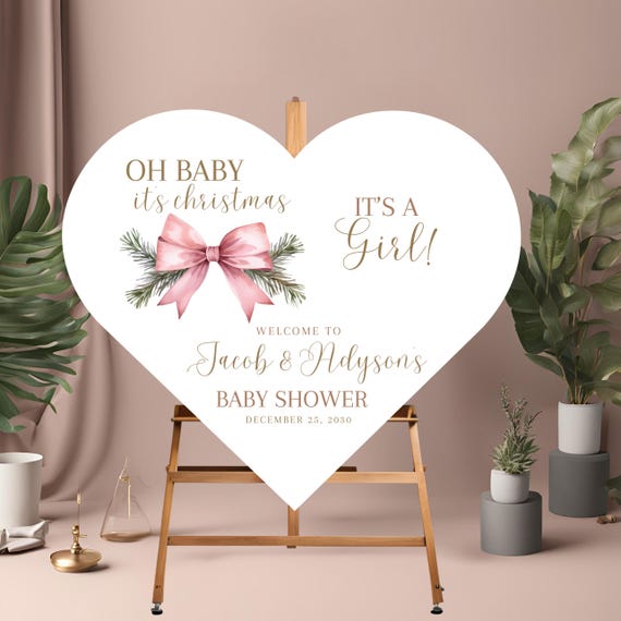 Pink Christmas Bow Baby Shower Welcome Sign - Heart Shaped Holiday Decor, Pink Foam Sign for Winter Baby Shower, Festive Holiday Party Sign