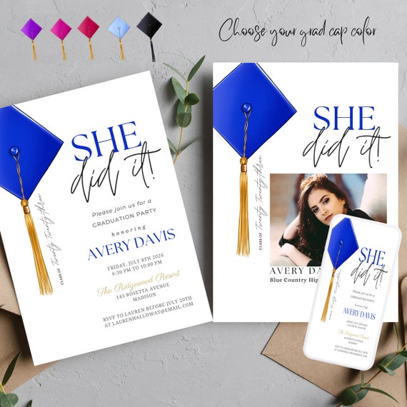 She Did It! Graduation Photo Announcement, Grad Party Template, Graduation Cap Printable, Print and Digital, #GPC