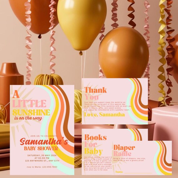 A Little Sunshine Is On The Way Baby Shower Invitation | Retro Instant Download Baby Shower Suite, Books for Baby, Diaper Raffle, 70s Groovy