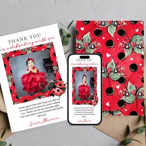 May include: Thank you card with a red ladybug theme. The card features a photo of a young girl in a red dress and the text "Thank you for celebrating with me".
